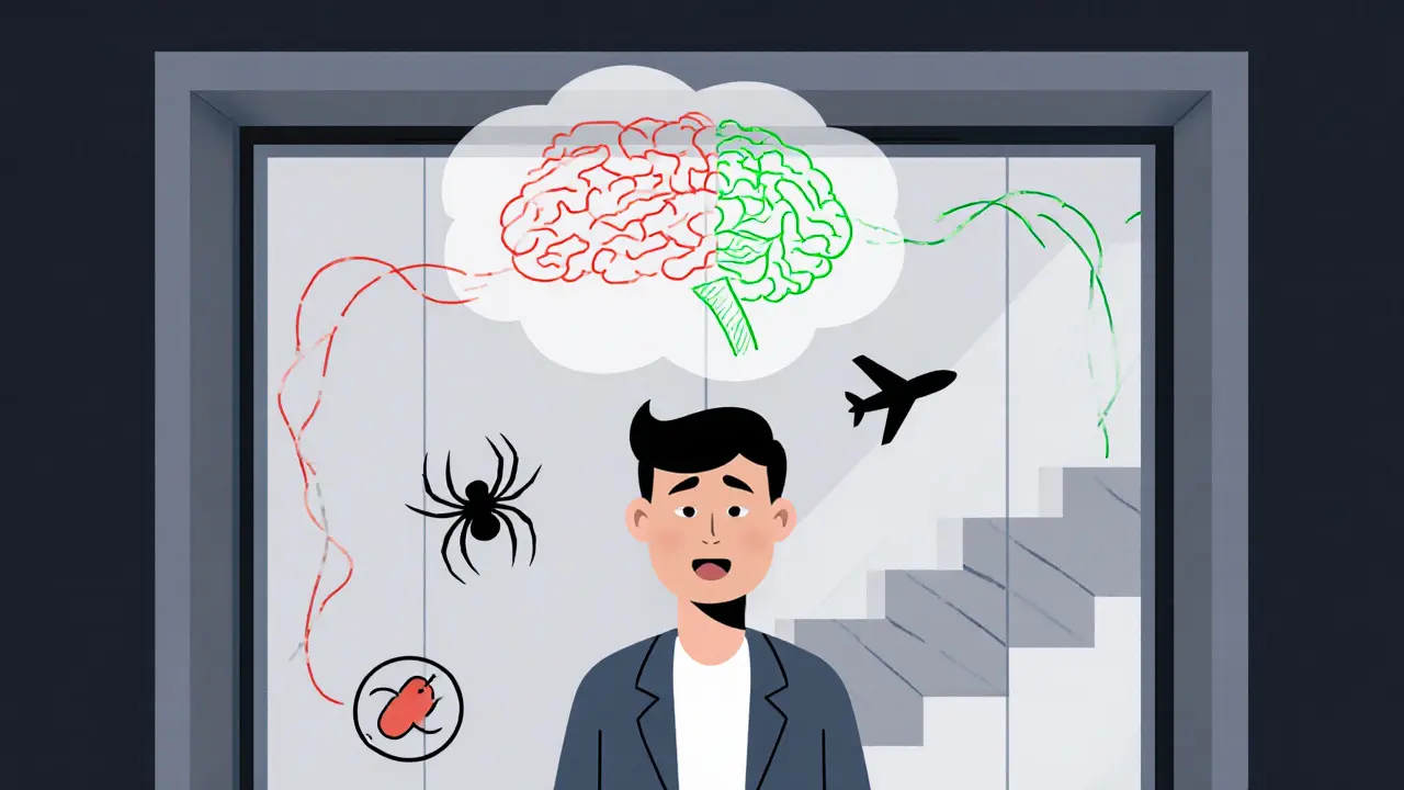 Osoba ve výtahu, mozek zobrazuje přechod ze strachu k klidu.