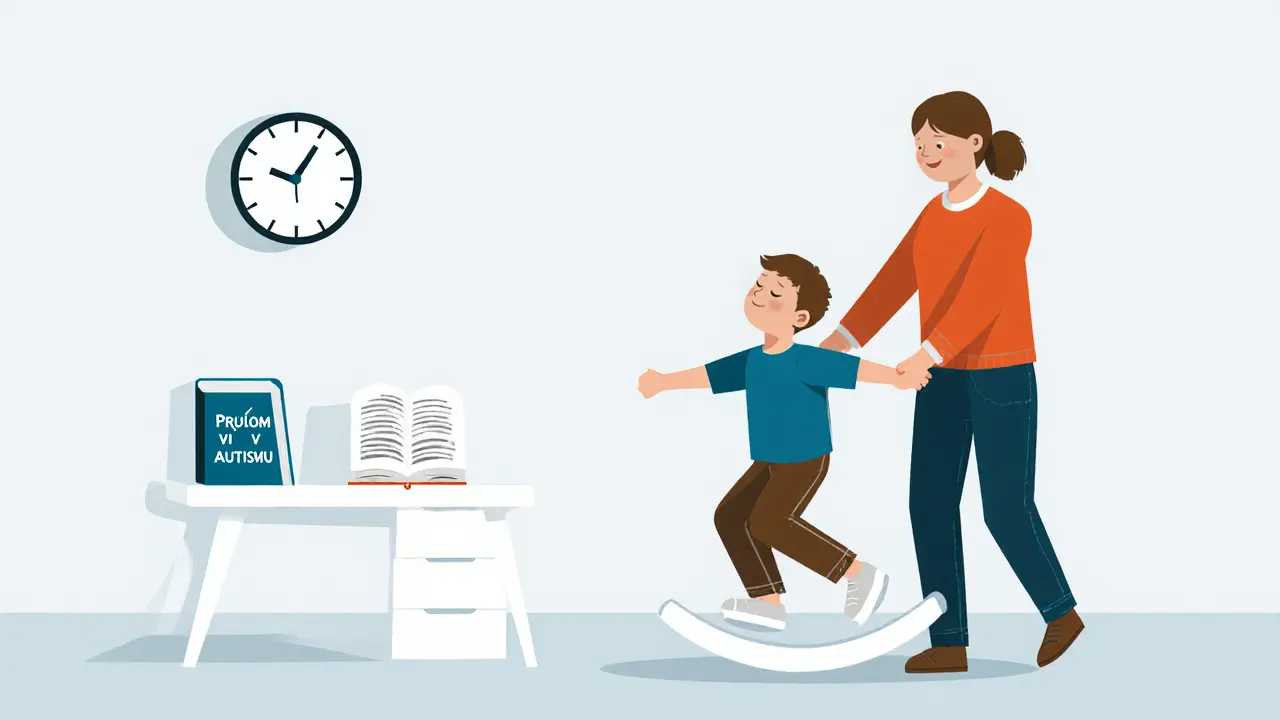 Rodič a dítě se současně kývají, klidné prostředí, symbolizující denní terapii podle Son-Rise metody.