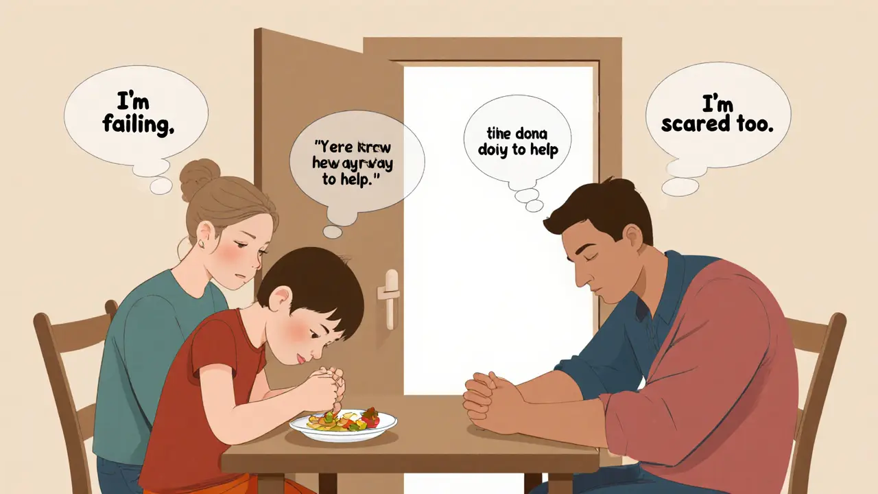 Rodina sedí ticho u stolu, nad nimi plavou neřečené myšlenky, dveře vedou do světla.