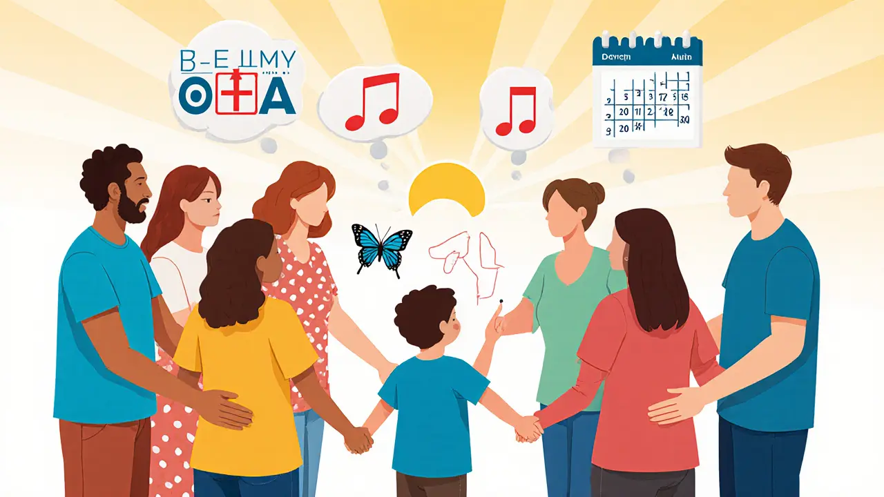 Skupina rodičů v kruhu kolem dítěte, které ukazuje na motýla, symbolizující podporu a naději.