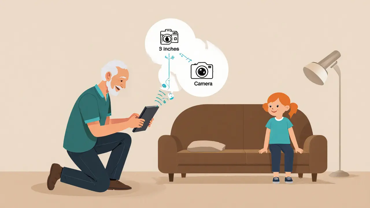 Sociální pracovnice pomáhá starému mužovi připojit tablet k internetu.