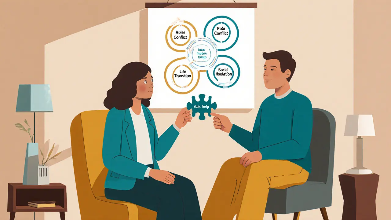 Terapeut a klient sedí u stolu, před nimi je mapa čtyř oblastí IPT, klient drží kousek skládačky.