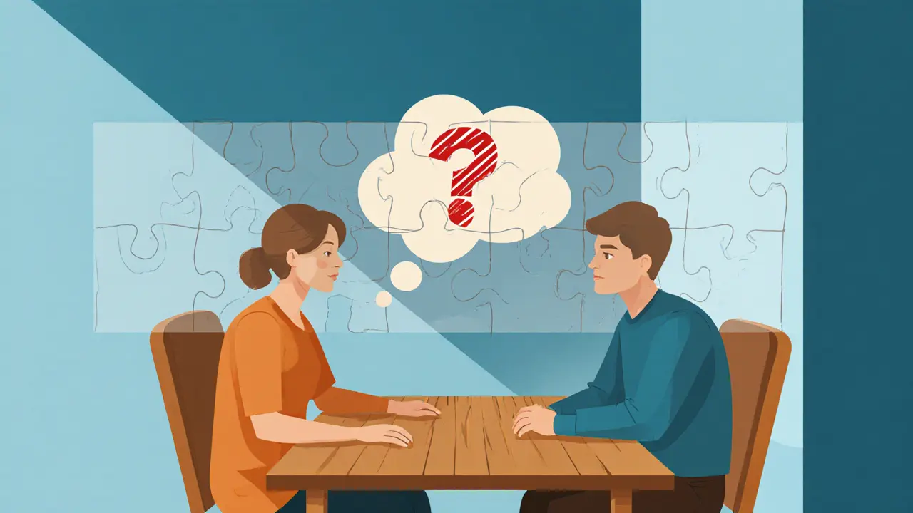 Terapeut a pacient sedí u stolu, mezi nimi průhledná překážka z kousků skládačky.