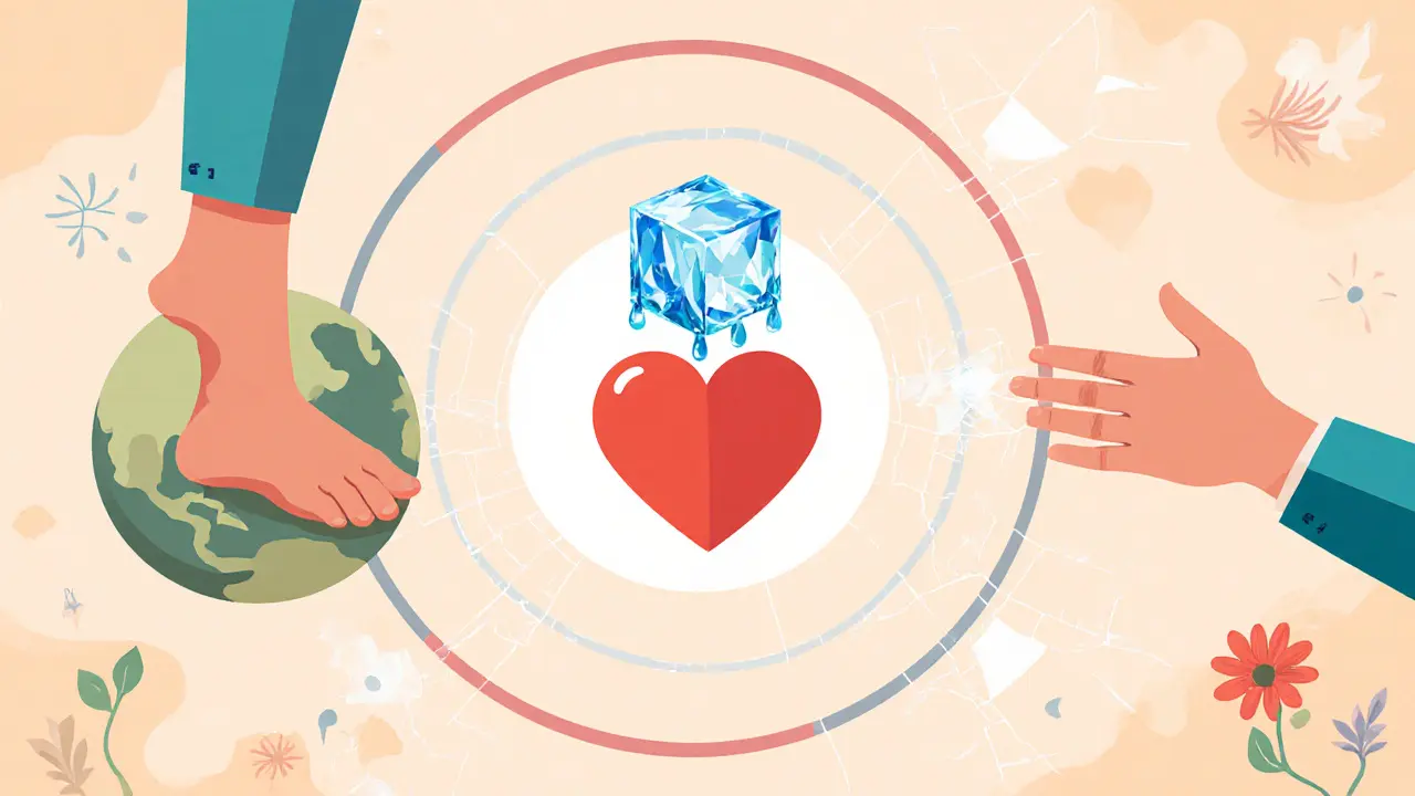 Tři kruhy znázorňují fáze terapie: stabilizace, zpracování a reintegrace pomocí symbolů.