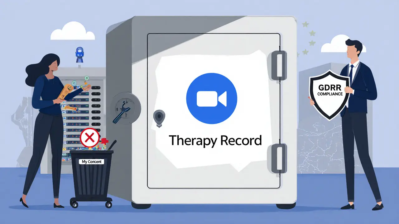 Bezpečný server v EU s šifrovaným záznamem terapie a zakázaným Zoomem.