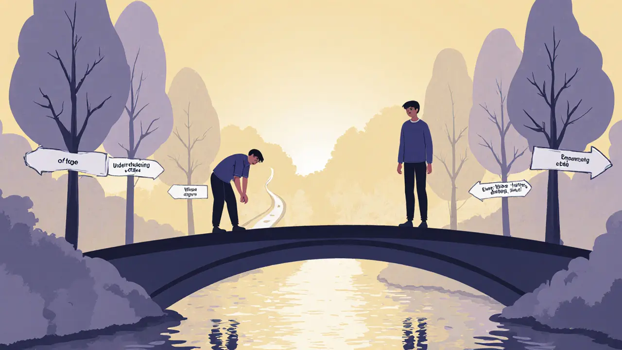 Člověk hledí do odrazu v řece, kde vidí dvě verze sebe sama – strašený a klidný.