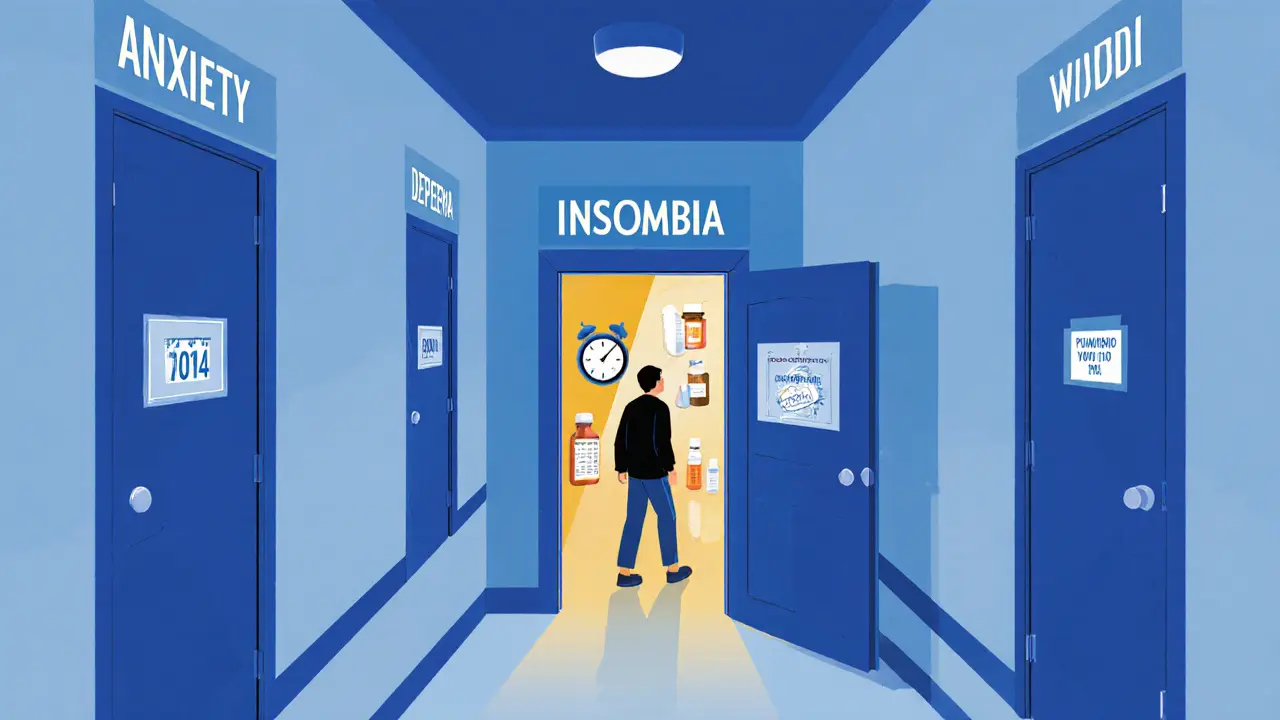 Člověk stojí před dveřmi s nápisem úzkosti a deprese, zatímco dveře s ADHD jsou otevřené.