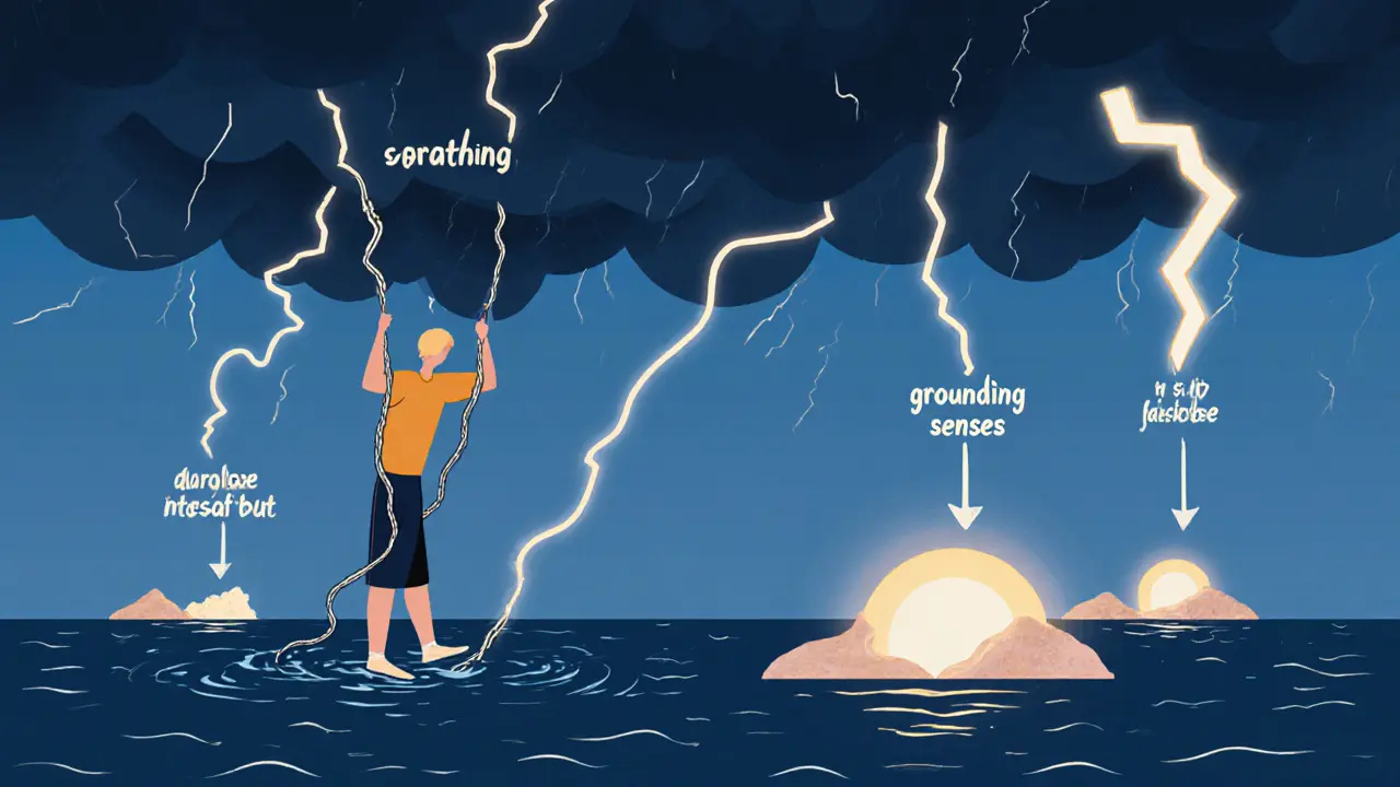 Člověk v bouři je udržován třemi základními kotvami: dýcháním, zemědělením a bezpečným místem, vše ve stylu ploché ilustrace.