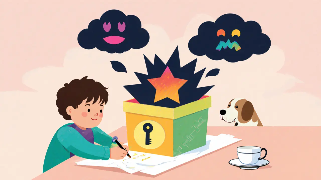 Dítě kreslí kouzelnou krabičku, do které ukládá temné stíny, kolem ní jsou symboly bezpečí jako pes a čaj.