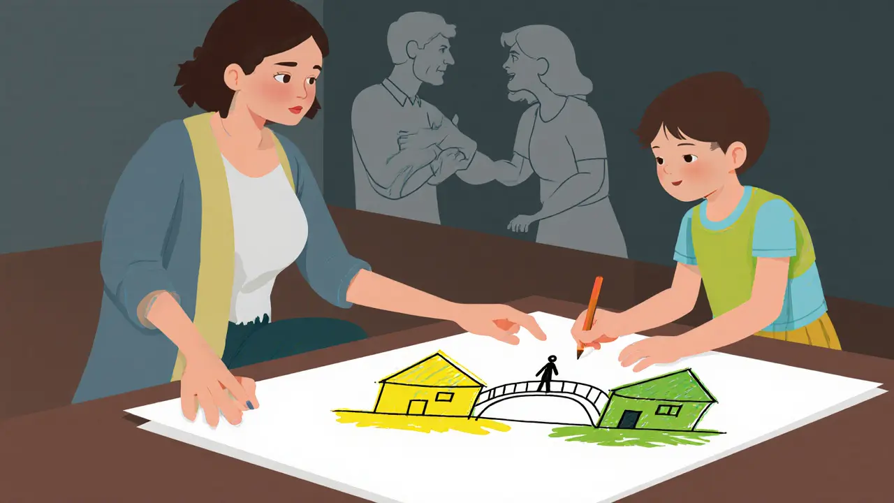 Dítě kreslí most mezi dvěma domy, terapeut vedle něj, rodiče jsou jako stíny za nimi.