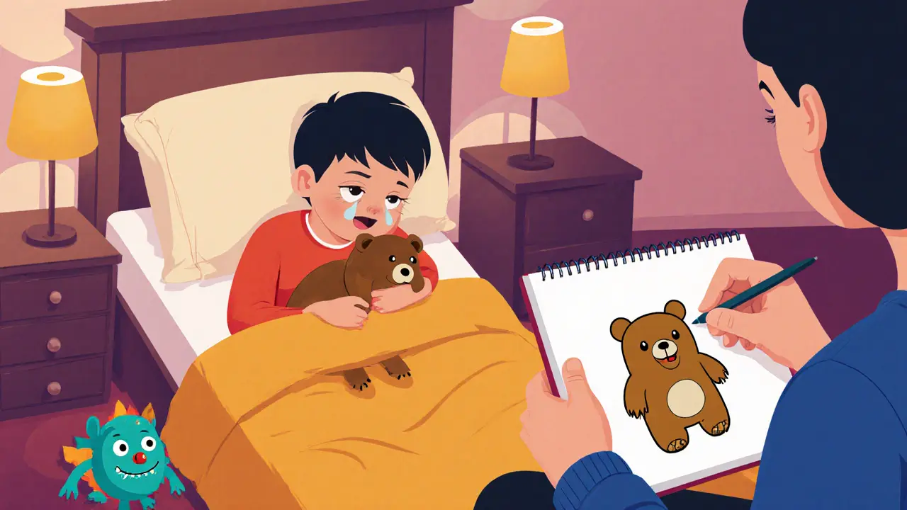 Dítě pláče v posteli, rodič s ním kreslí novou verzi noční můry s medvídkem.