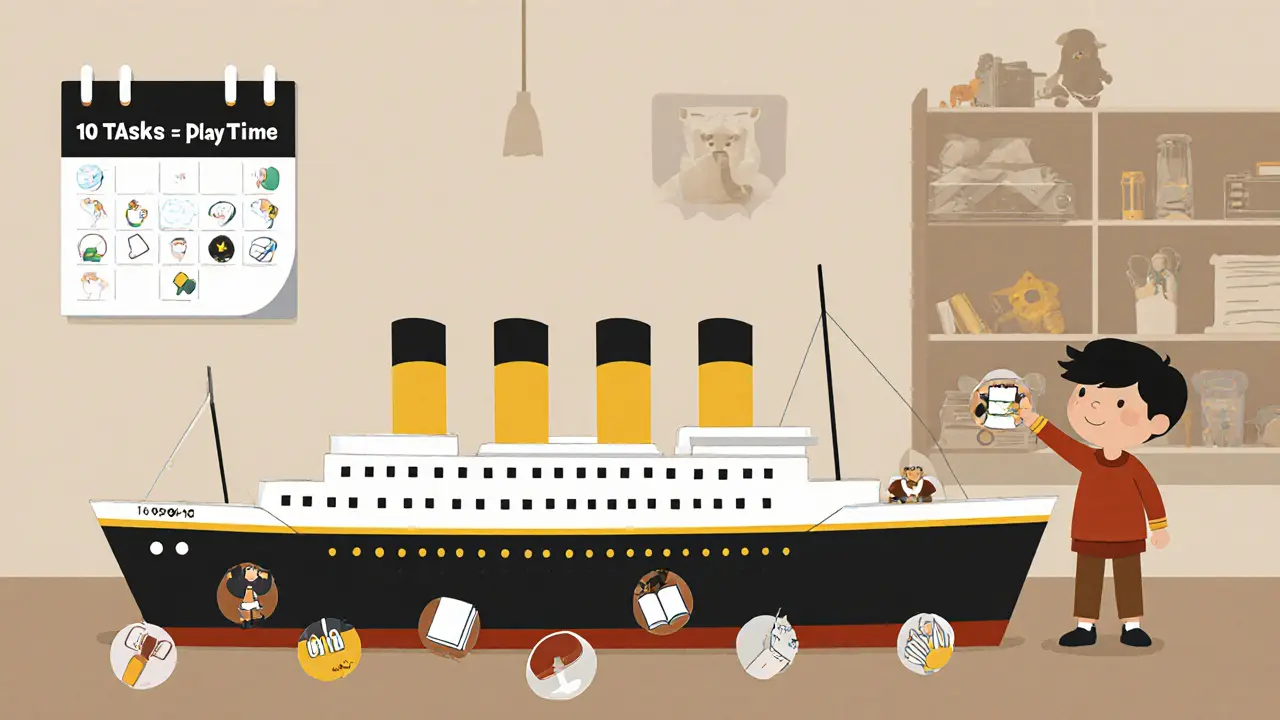 Dítě staví papírovou loď Titanik za splněné úkoly.