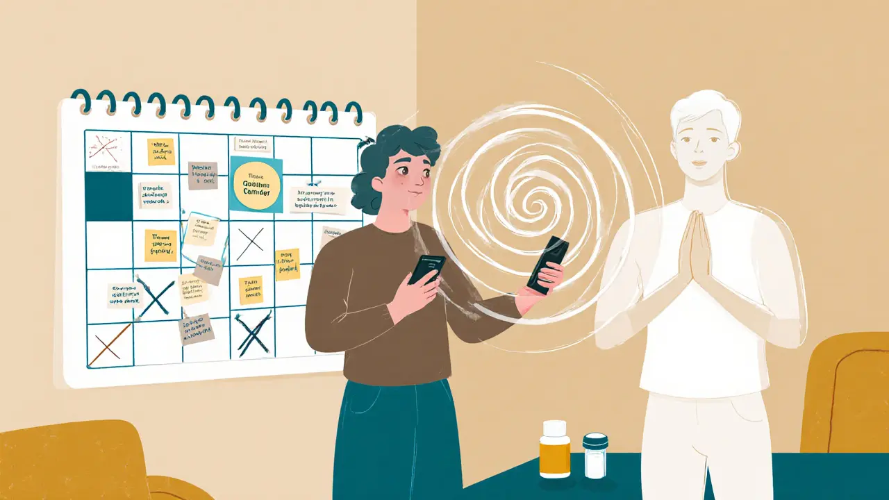 Dospělý před rozvrhem s aplikací a spirálou úzkosti, vedle něj klidnější verze sebe.