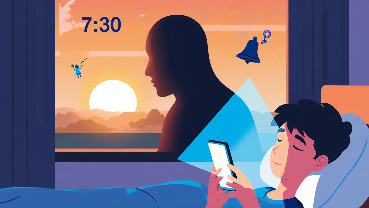 Dospívající s mobilním světlem a stresovou postavou nad hlavou.