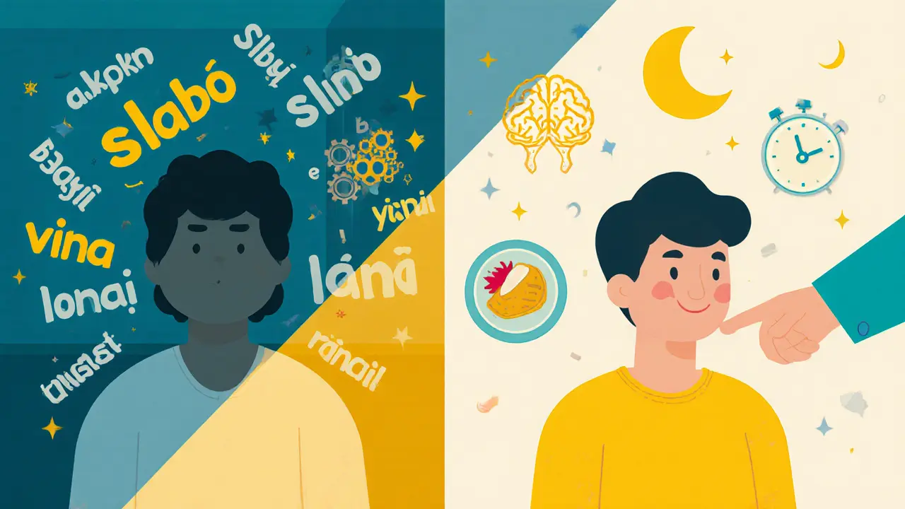 Dvě části scény: chaos vs. pochopení duševního zdraví.