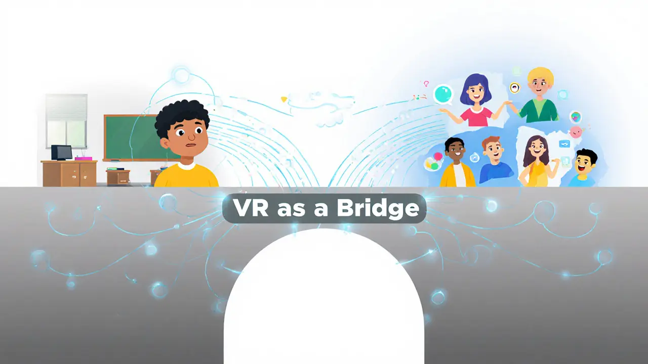 Metaforický most z digitálních cest spojuje reálný svět s virtuálními sociálními scénami.