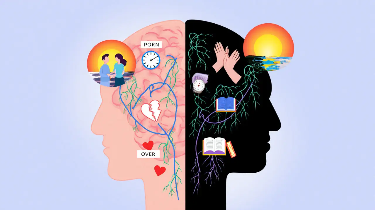 Mozek s dvěma cestami: jedna vede k ničení, druhá k obnově přirozeného štěstí.