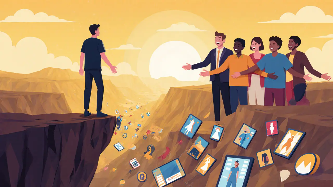 Muž na okraji útesu se dívá na digitální poplatky, za ním lidé nabízejí podporu.