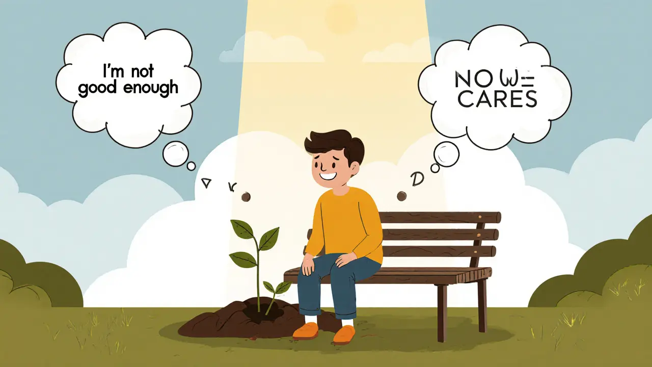 Osoba s myšlenkami v balóncích zasazuje stromek na lavičce za slunečného dne.