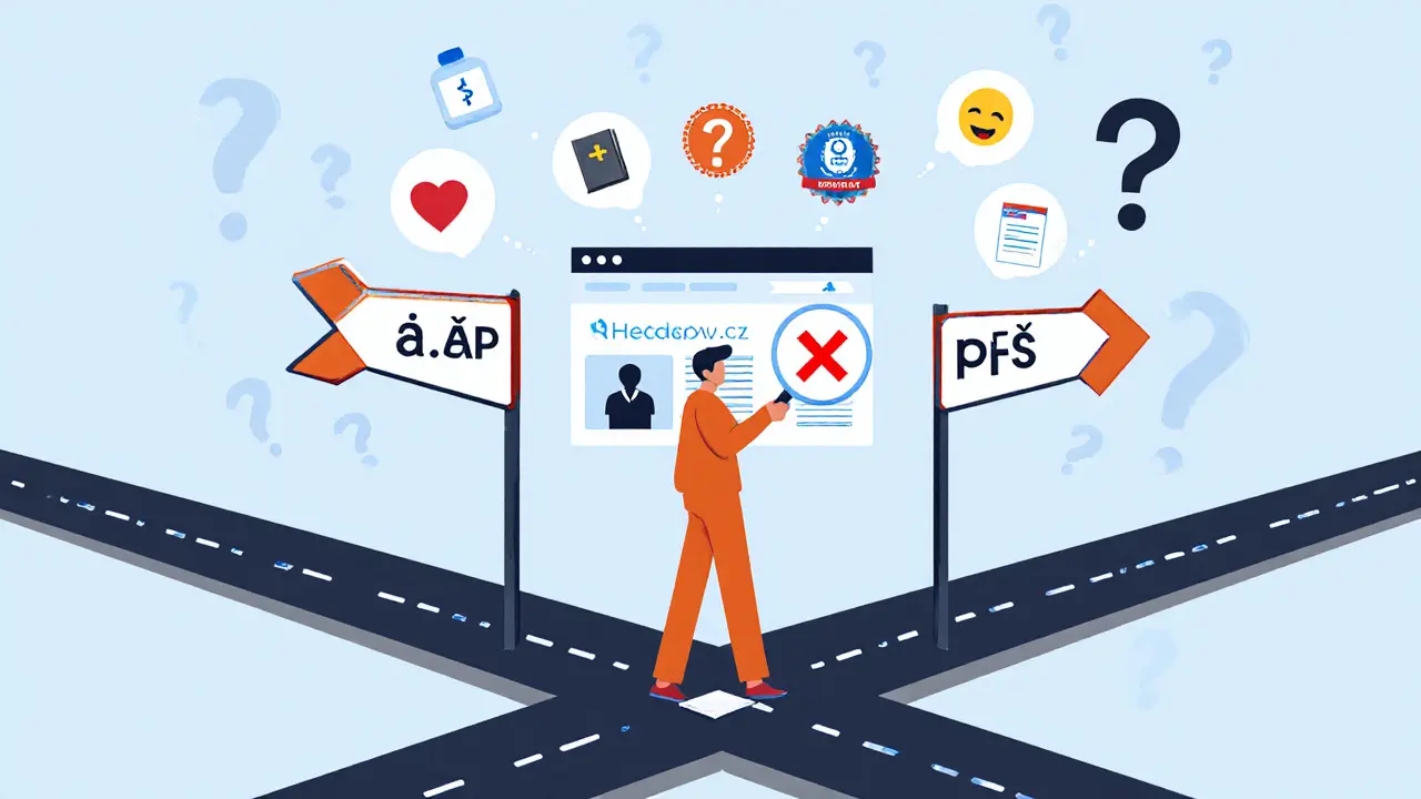 Osoba volí mezi ověřeným terapeutem a neověřeným, s náznakem webu Hedepy.cz jako bezpečné volby.