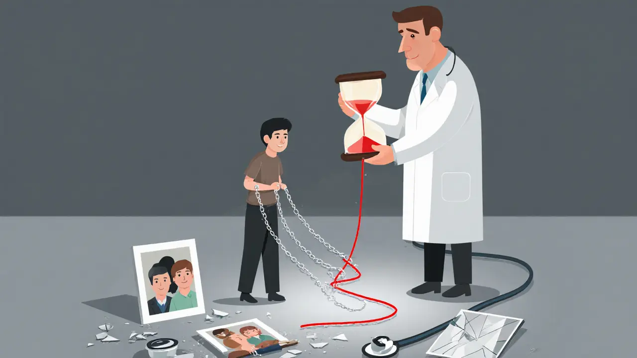 Osoba závislá na terapeutovi, zatímco kolem ní padají rozbité fotografie a lékařské nástroje.