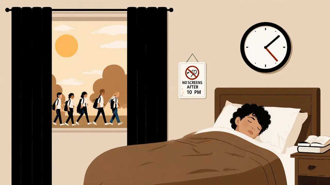 Pokojná ložnice bez obrazovek, člověk klidně spí před ranním světlem.