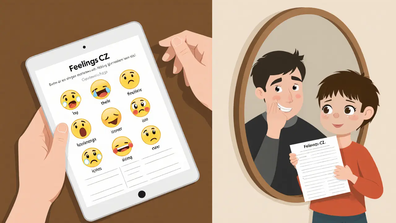 Pracovní list na tabletu a tištěná verze vedle sebe, používané dítětem a dospělým.