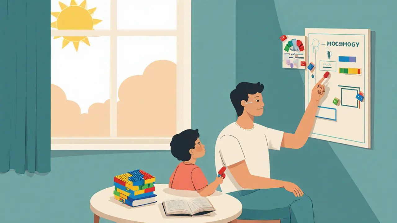 Rodič a dítě společně sledují vizuální tabulku s úkoly.