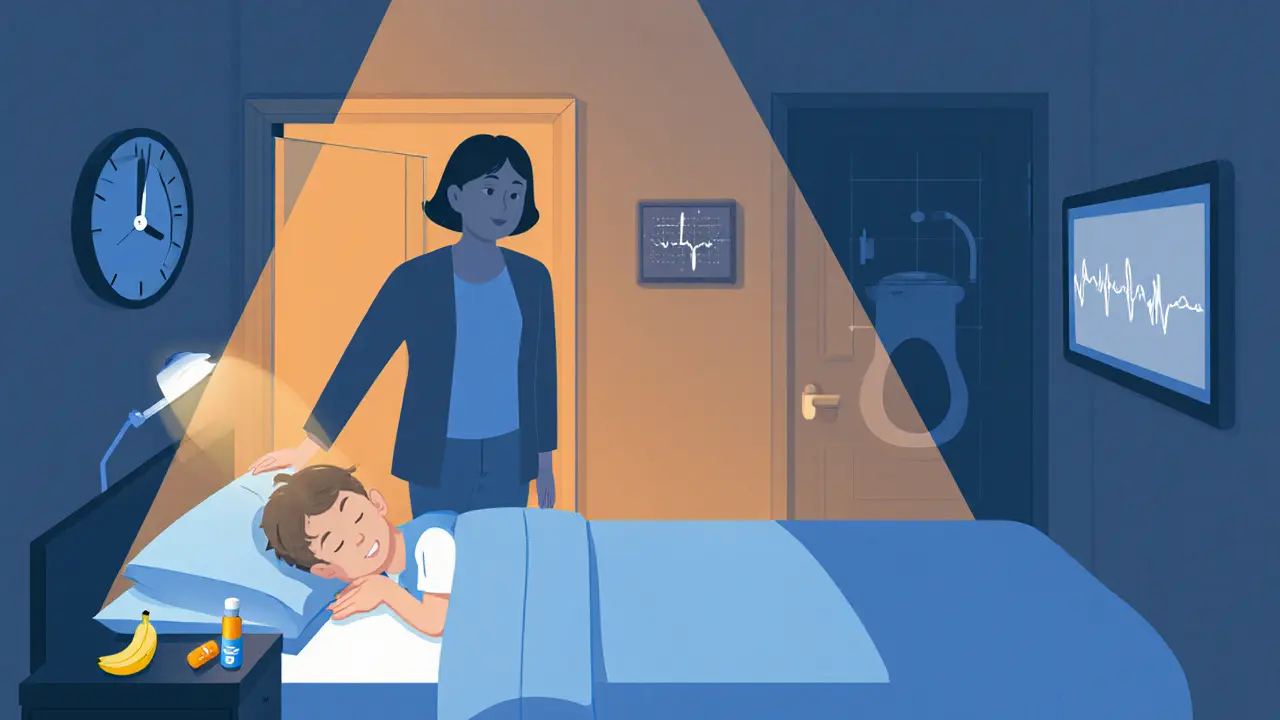 Rodič vede dítě na toaletu v tiché nocí s jemným osvětlením a zdravými návyky na nočním stolku.