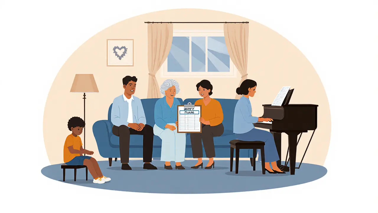 Rodina a terapeut společně procházejí plán BPT s klavírem na pozadí.