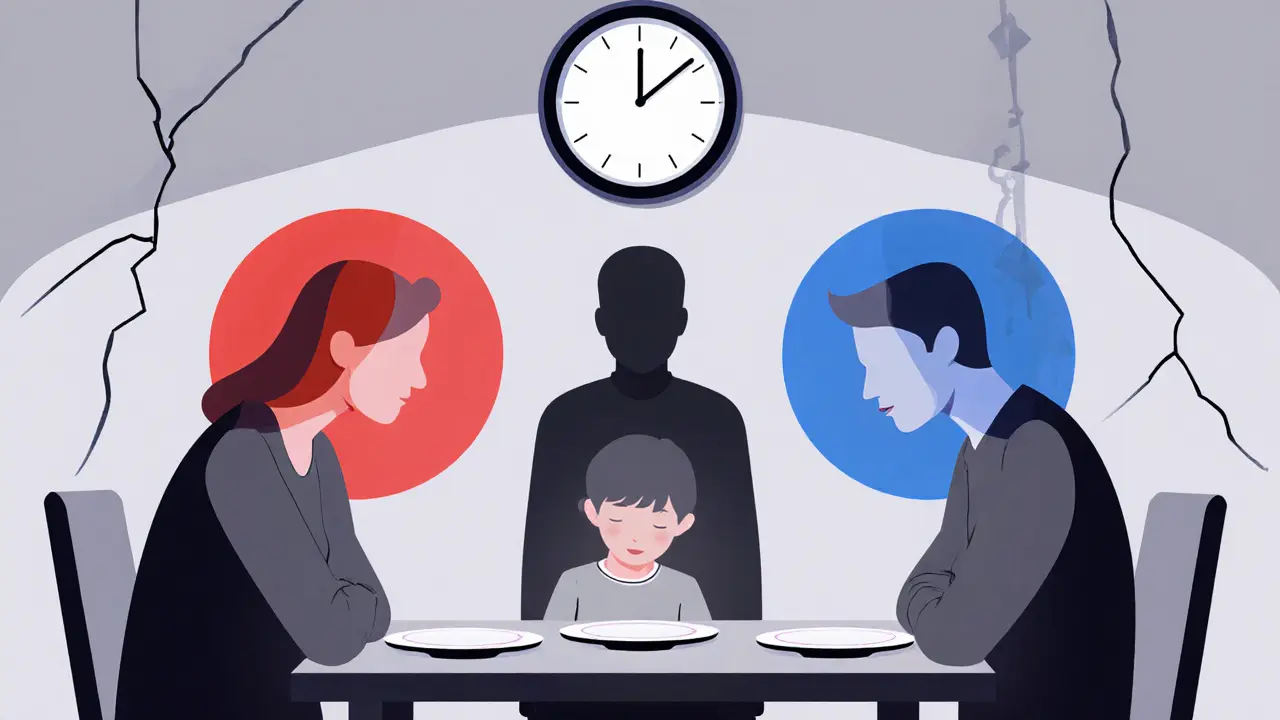 Rodina mlčí u stolu, každý má jinou barvu emocí, terapeut pozoruje zhora.