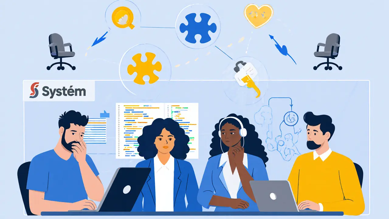 Různí zaměstnanci s autismem v kanceláři, kteří pracují na svých silách, zatímco nad nimi plavou ikony jejich výhod.