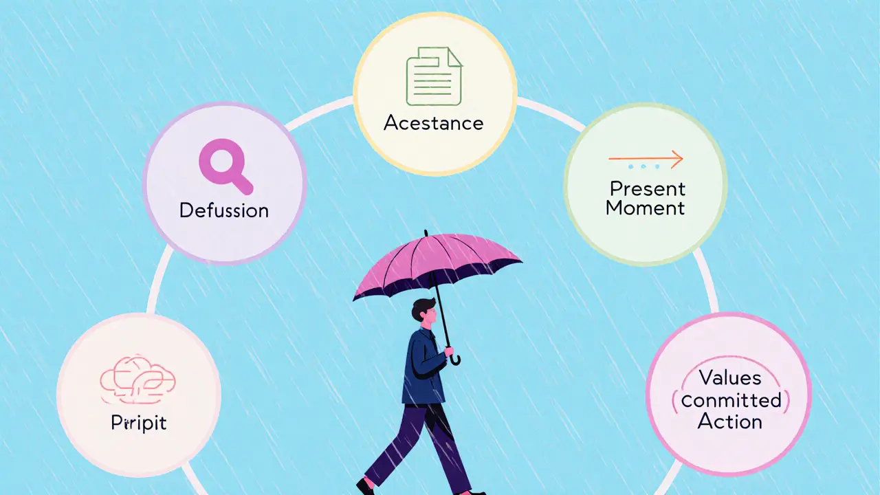 Šest procesů ACT v kruhu kolem postavy, která jde přes déšť s deštníkem.