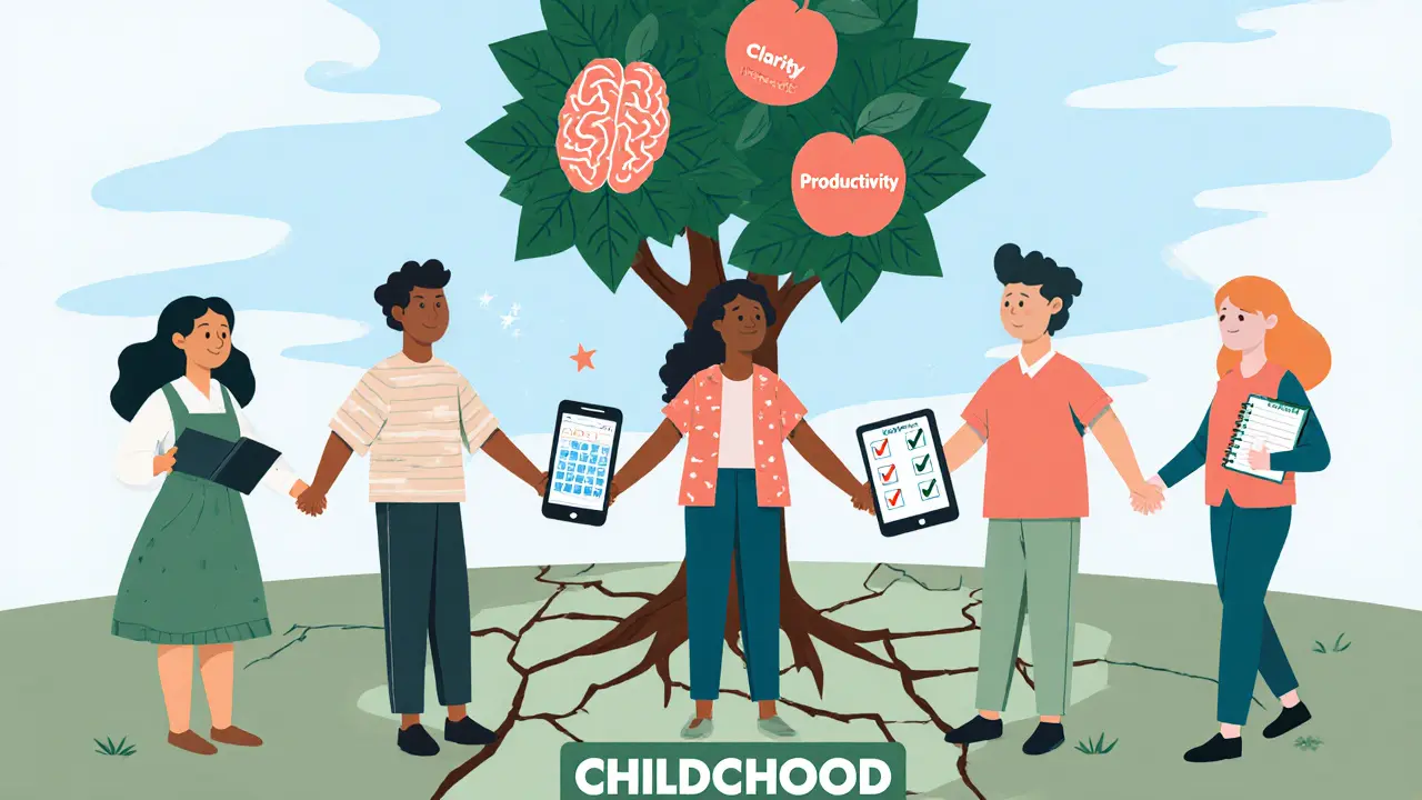 Skupina dospělých drží digitální nástroje, za nimi roste strom s listy tvaru mozku.