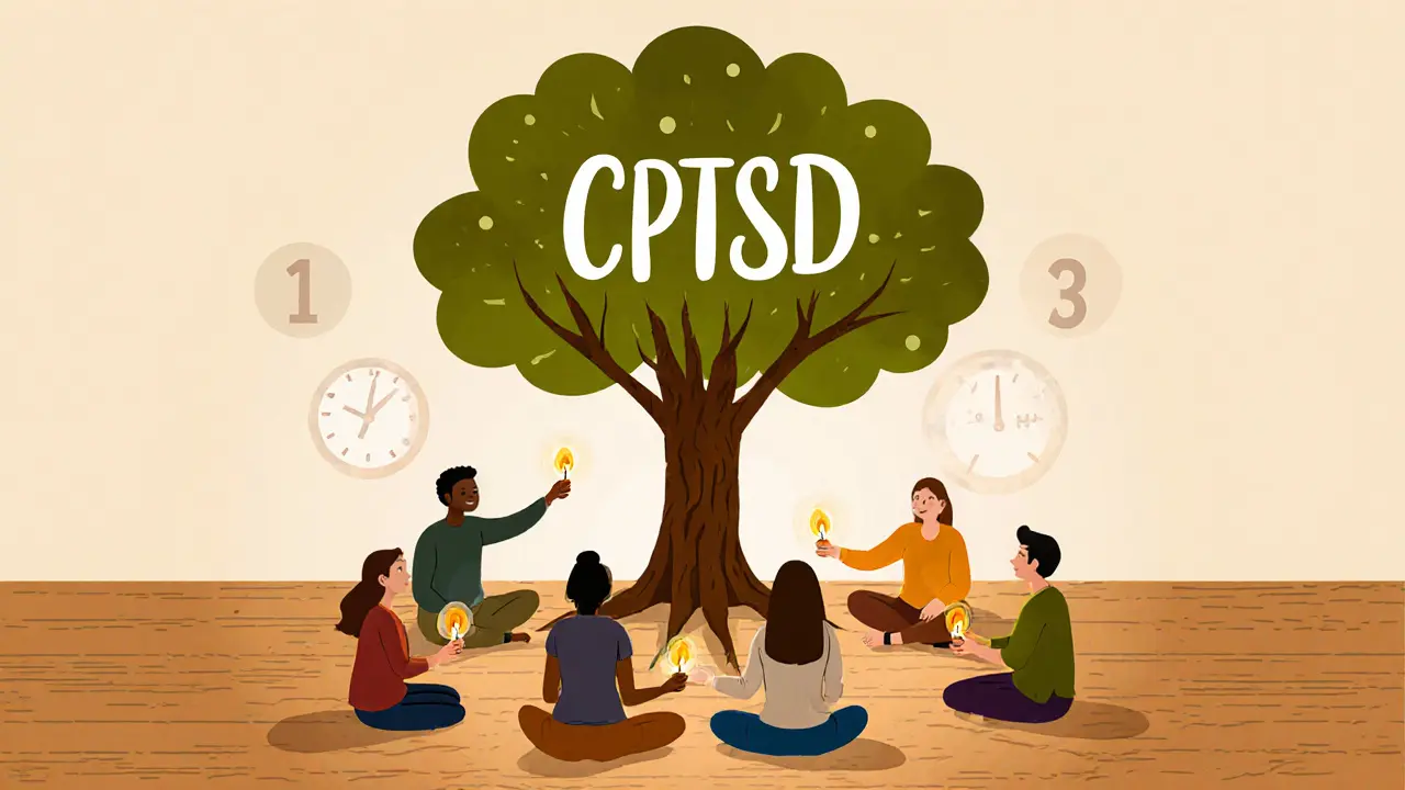 Skupina lidí sdílí světlo ve kruhu, zatímco strom s kořeny symbolizuje dlouhodobé zotavení.