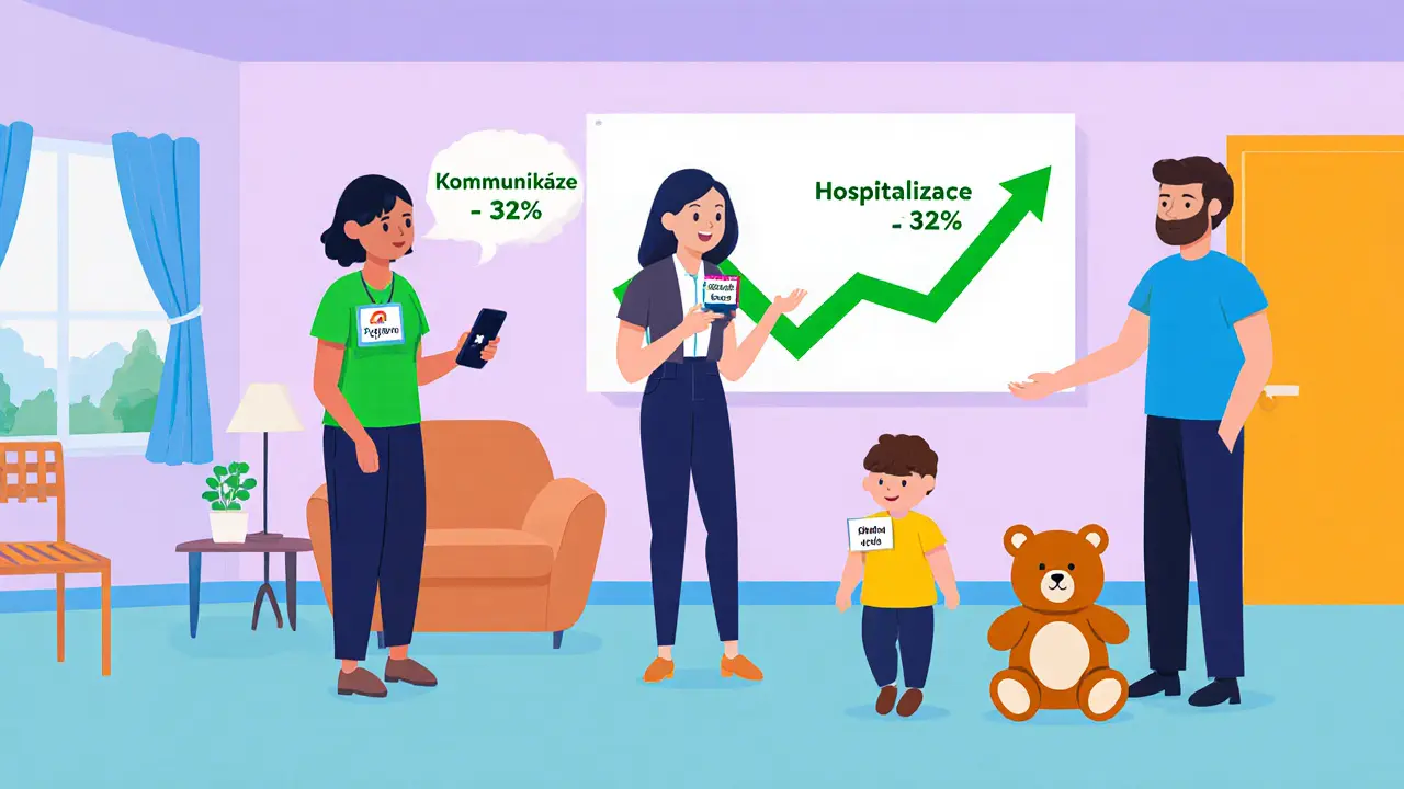 Skupina lidí v komunitním centru: někdo se připojuje online, jiný hovoří s peer workerem, dítě hraje bezpečně.