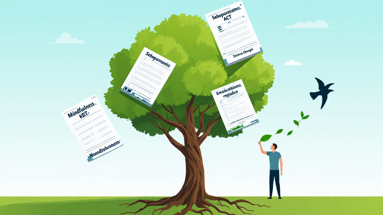 Strom s teoretickými základy terapie a listy jako listy, které se mění v ptáky.