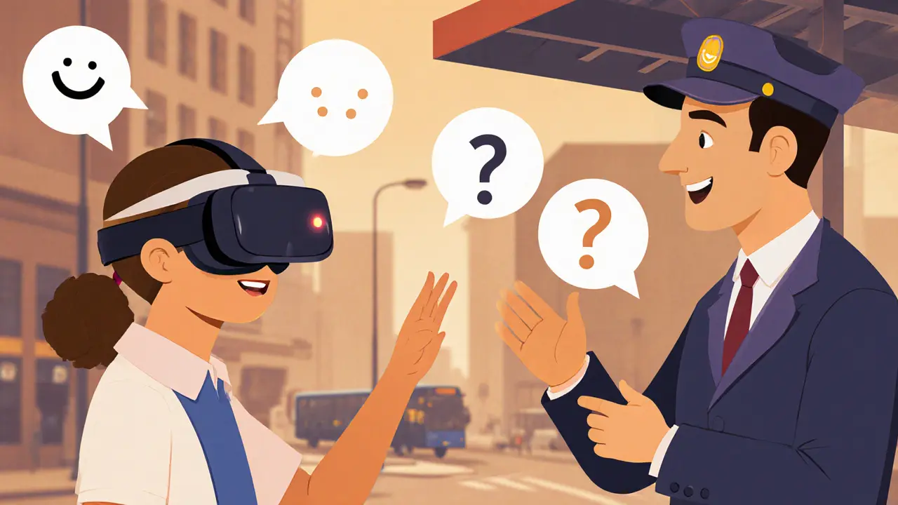 Teenager procvičuje konverzaci s virtuálním řidičem autobusu prostřednictvím VR.