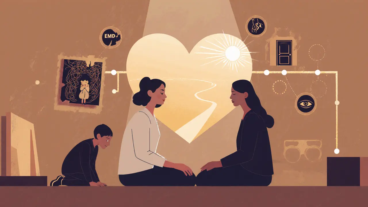 Terapeut a klient sedí spolu, mezi nimi je světelná cesta od trauma k přítomnosti.