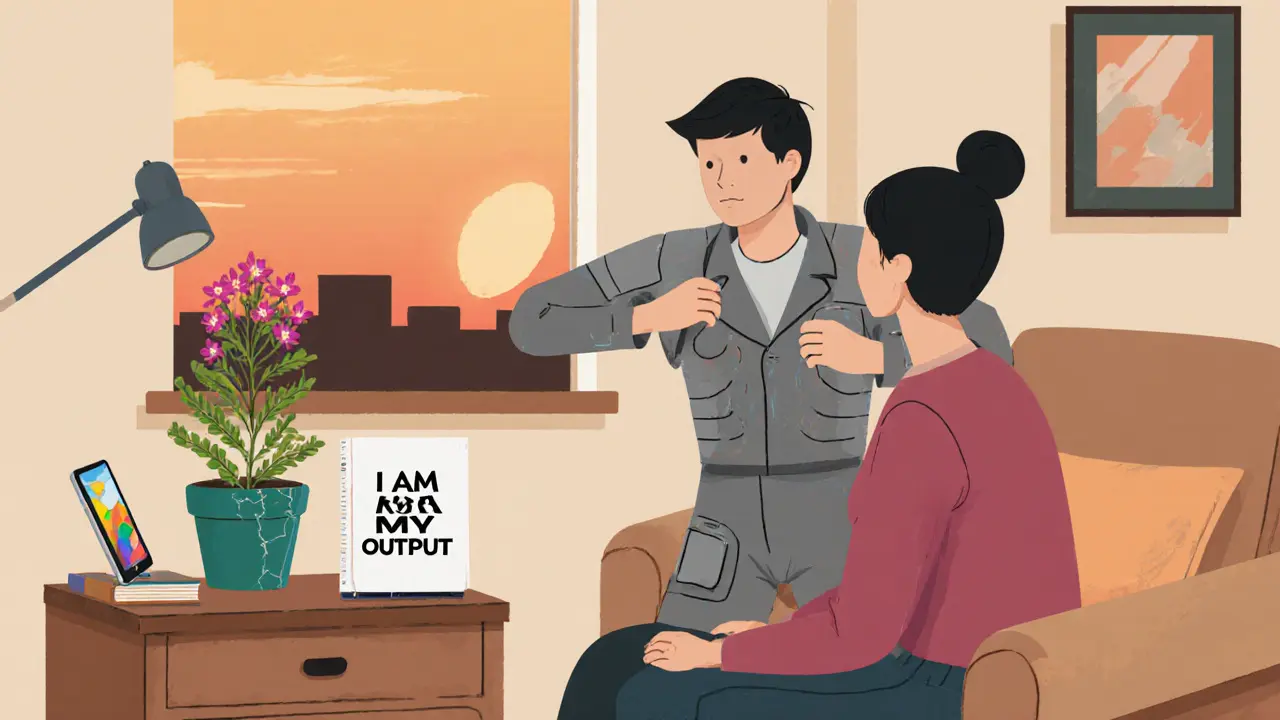 Terapeut a klient sedí u stolu, klient sundává šedý oblek, pod ním se objeví barevná, celistvá postava.