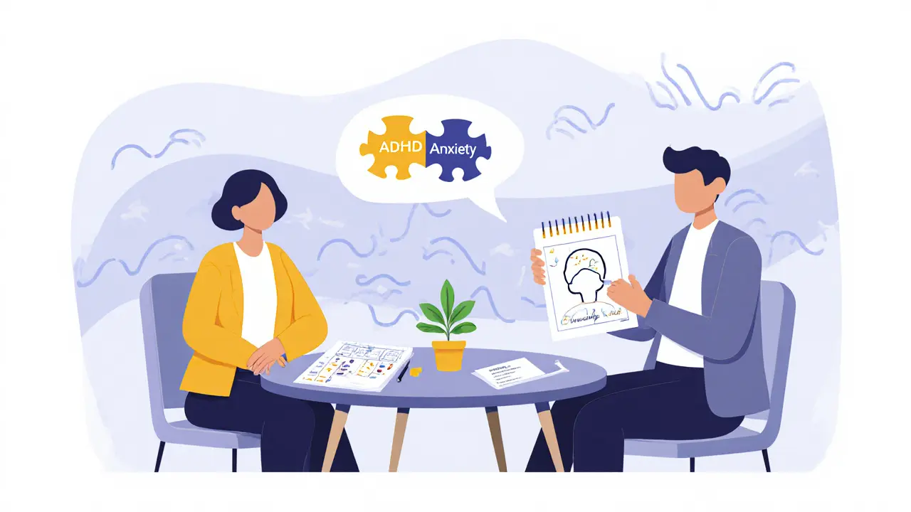 Terapeut a klient spolu na stole s puzzlí ADHD a úzkosti, vizuální pomůcky a rostlinka.