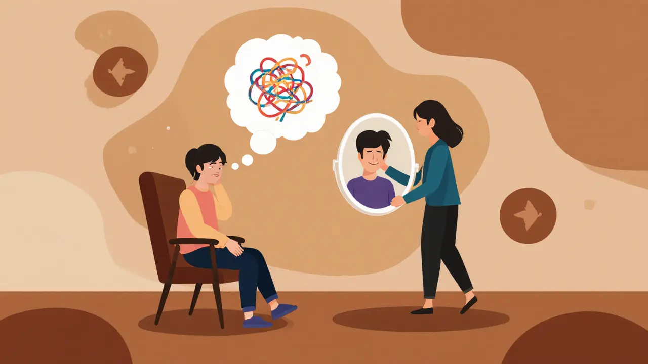 Terapeut a klient v místnosti, kde zrcadlo odhaluje skutečné já.