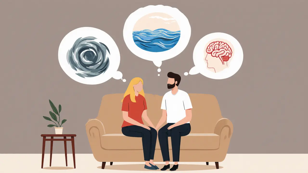 Terapeut a pacient sedí spolu, nad jejich hlavami jsou myšlenkové bubliny s traumatem a klidem.