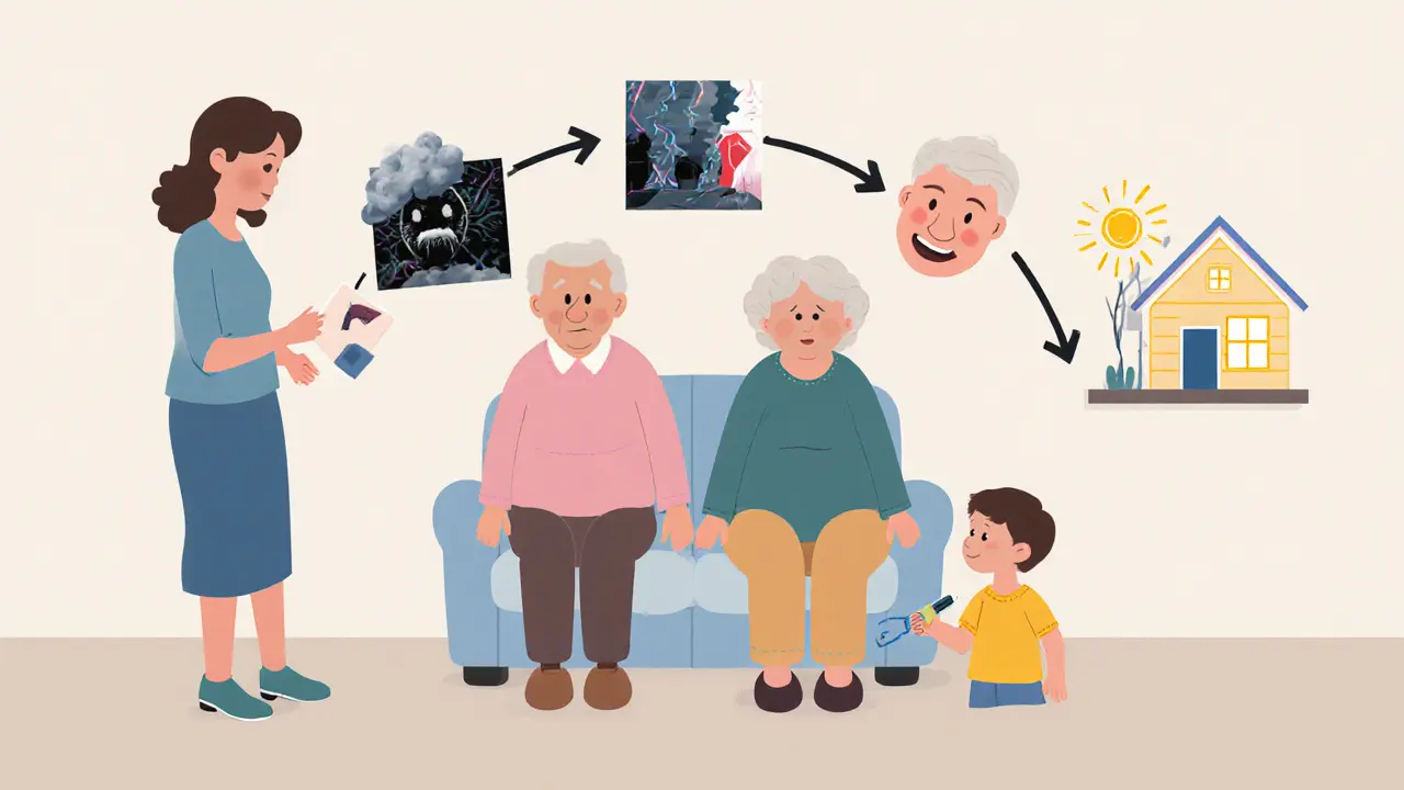 Terapeut ukazuje rodině časovou osu traumatu a emocí, zatímco dítě kreslí bezpečný dům.