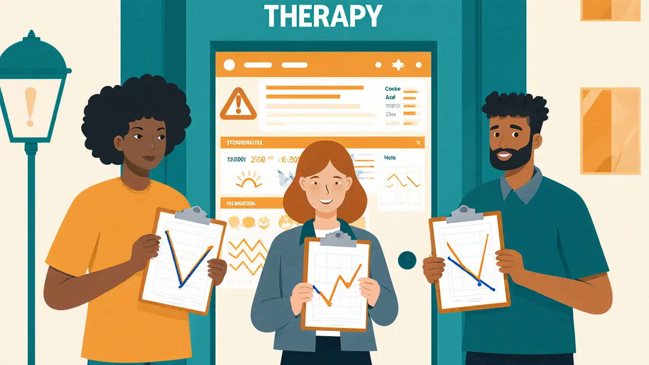 Tři lidé sledují digitální tabuli s indikátory zhoršení stavu během psychoterapie.