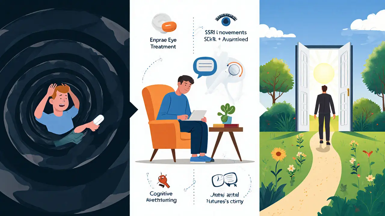 Tříčástní ilustrace cesty z traumatu přes léčbu k obnově života v slunečné zahradě.