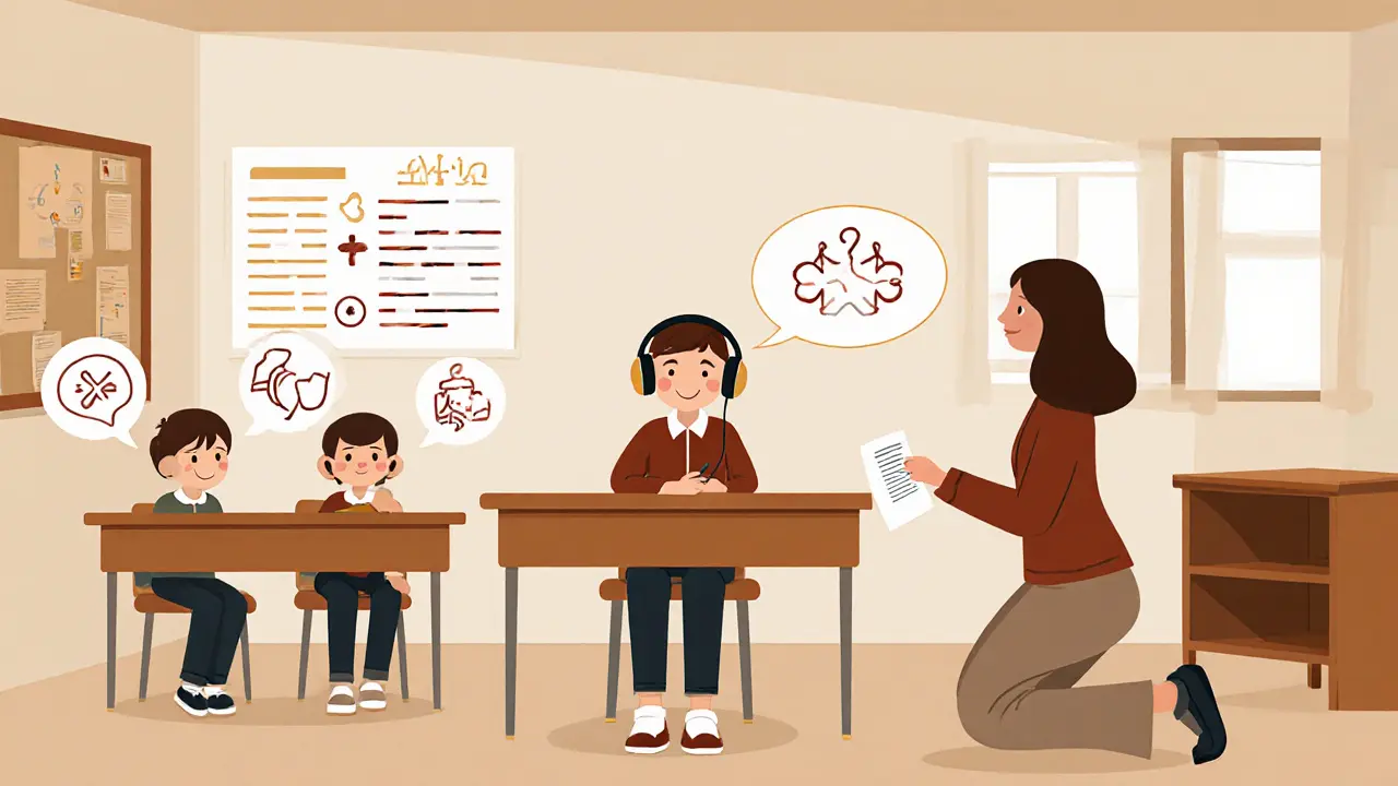 Žák s autismem v klidné třídě s vizuálními návody a hlukotěsnými sluchátky, učitelka mu podává písemnou zprávu.