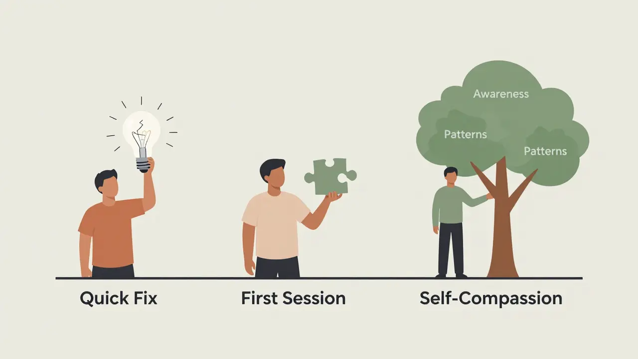 Časová osa ukazuje přechod od rychlého řešení přes první sezení k růstu jako stromu s větvemi vědomí a sebevztahu.