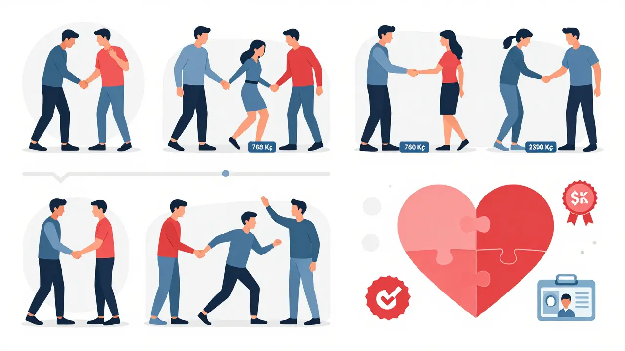 Časová řada terapie od nízké ceny k úspěšnému spojení, s popisky cen a symboly slev.