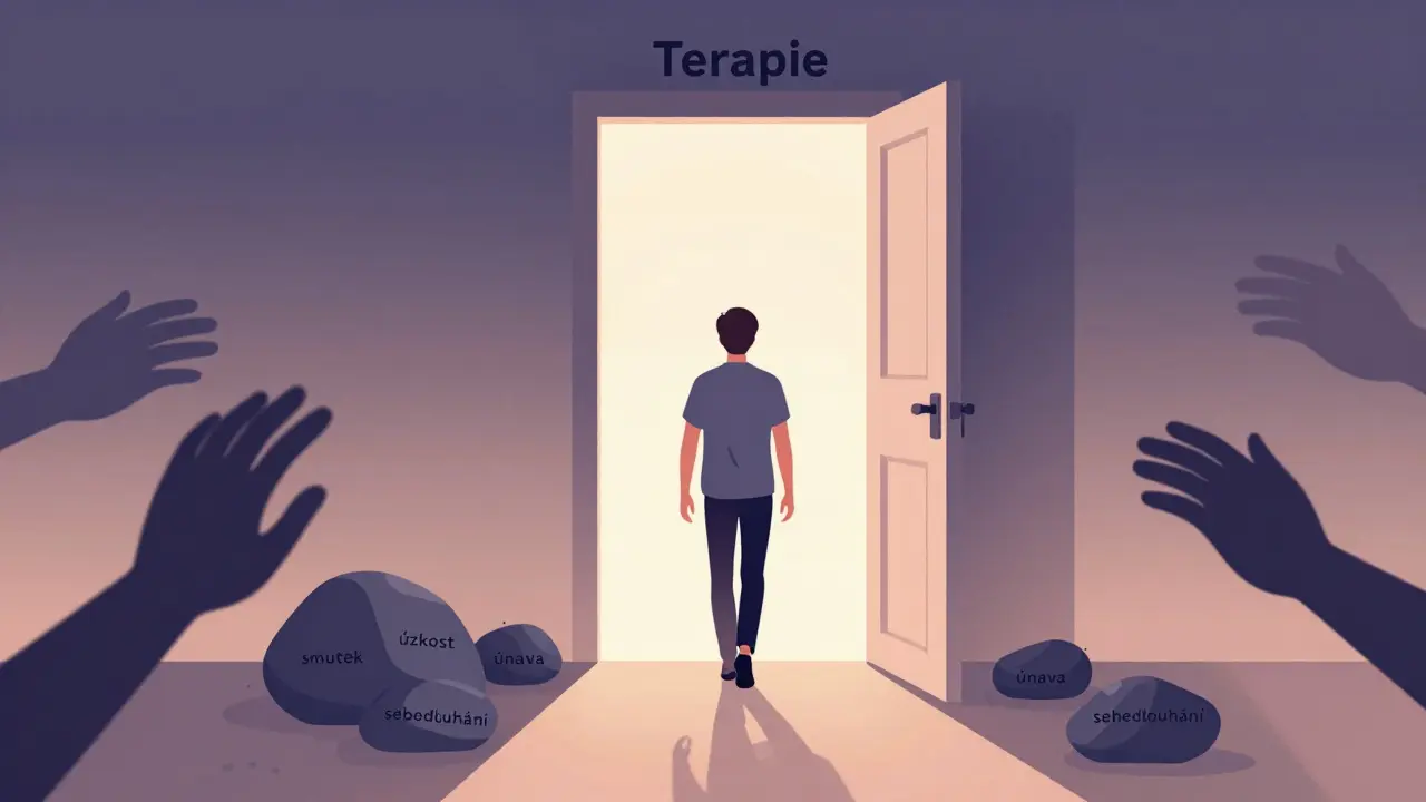 Člověk jde k světlému vchodu s nápisem 'Terapie', za ním zůstávají těžké kameny.